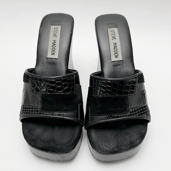 Vintage 90s Y2K Steve Madden Black Patchwork Leather Wood Platform Sandals - Picture 2 of 11